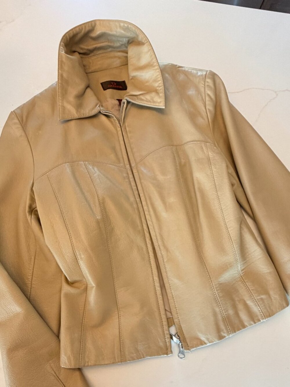 DANIER Vintage Camel Beige Leather Zip Up Corset Seam Jacket Small
